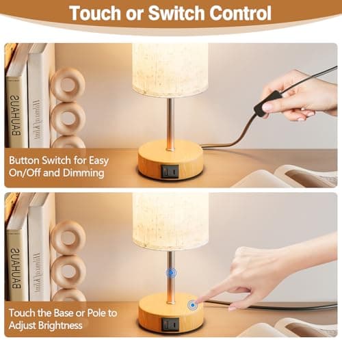 Thumbnail 4 de UPXNBOR Lámpara de Mesita de Noche Control Táctil con Puertos de Carga USB-A y USB-C, Regulable en 3 Niveles, Pantalla de Lino, Lámpara de Mesa Pequeña, con Cable de 1,5 m (Bombilla E27 Incluida)