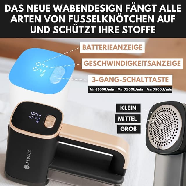 Detalle de WiredLux elektrischer Fusselrasierer – wiederaufladbarer Flusenentferner für Kleidung & Möbel mit LED-Licht (Onyx/Gold)