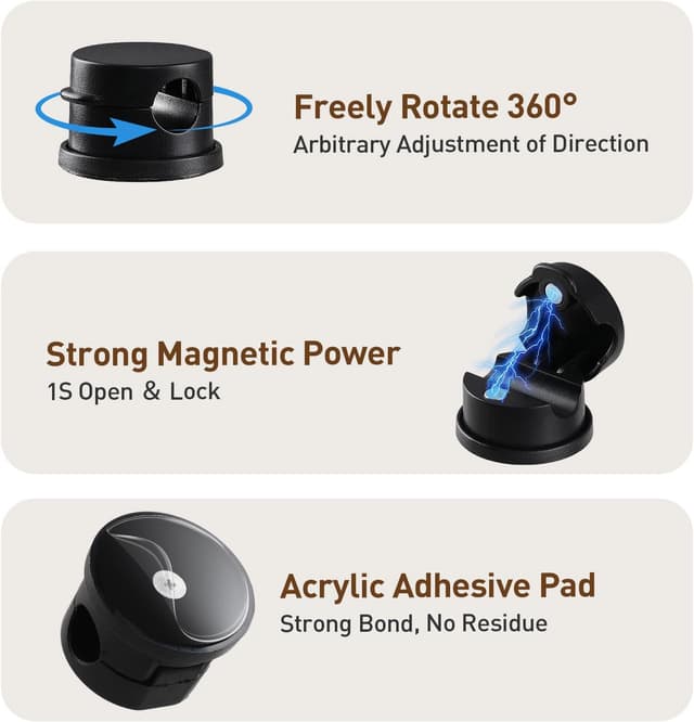 Detalle de AGPTEK 8 clips câble magnétiques avec base rotative 360° et adhésifs (noir)