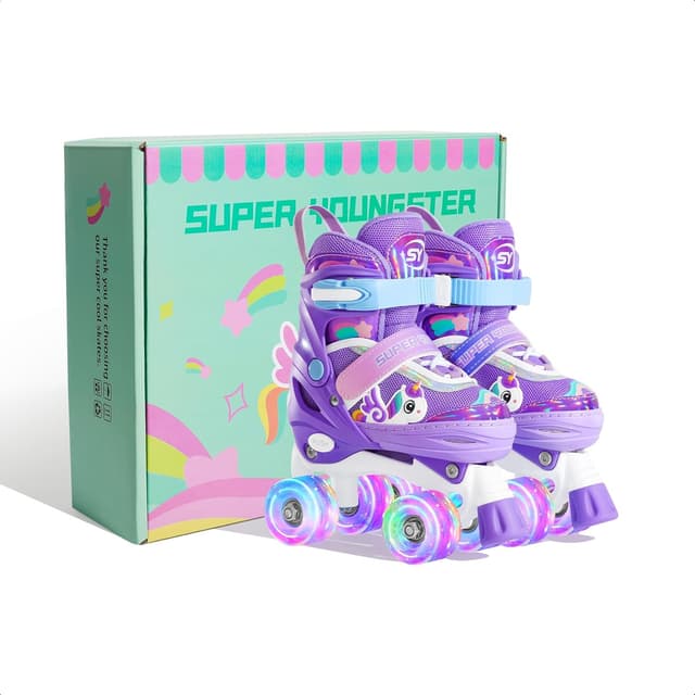 Detalle 2 de SUPER YOUNGSTER Adjustable Light Up Kids Unicorn Roller Skates (Beginner) for Ages 4-6, 5-8, 8-12