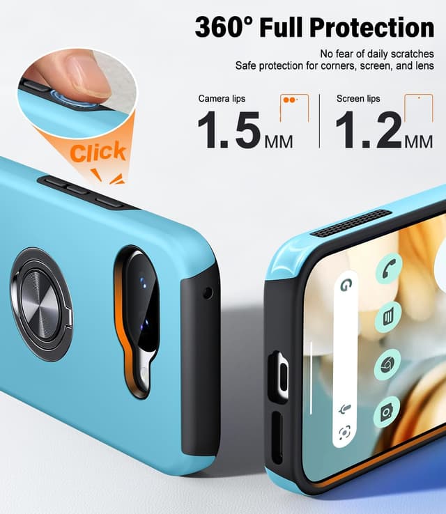 Detalle de AOUIA for Google Pixel 10A Case with 2-Pack Screen Protector and 360° Metal Ring Stand (Sky Blue)