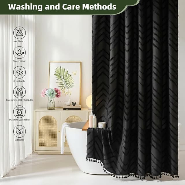 Detalle de Siiluminisoy Black Boho Fabric Shower Curtain (72 x 72) with Tufted Chevron Design