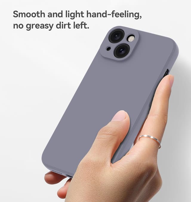 Detalle de Qasyfanc Silicone Case for iPhone 15 (Grey) with 2 Tempered Glass Screen Protectors — Ultra-slim liquid TPU full-body cover