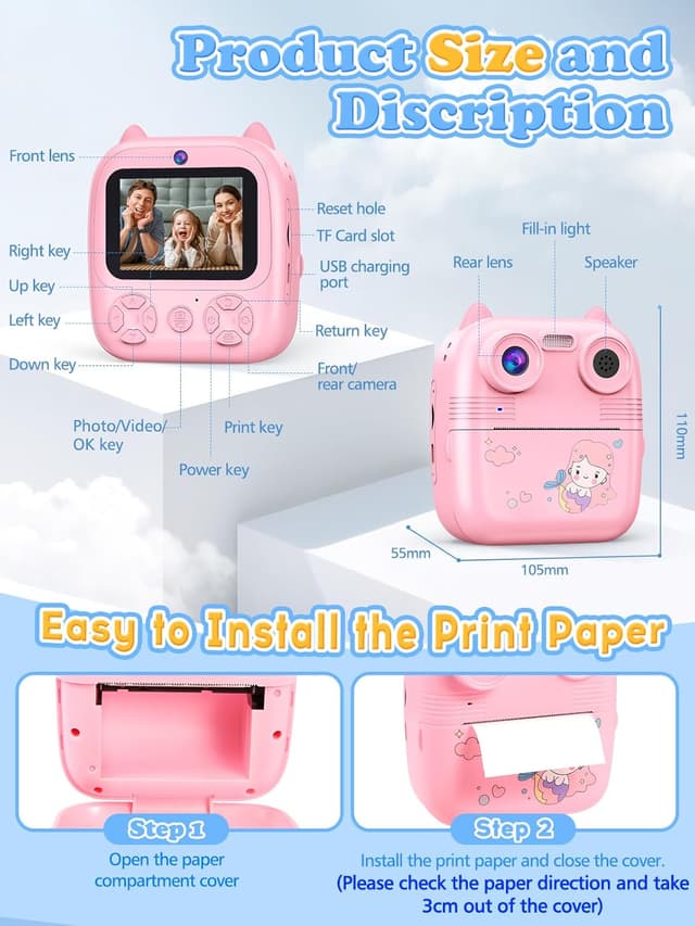 Detalle 2 de Macchina Fotografica Bambini Istantanea 48MP Dual Camera con stampa su carta, schermo 2,4” e 32GB (rosa)