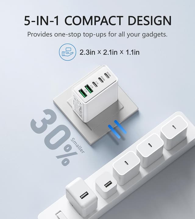 Detalle 2 de Qwinjwin 2-Pack 50W 5-Port USB Wall Charger (2 USB-A + 3 USB-C, White)