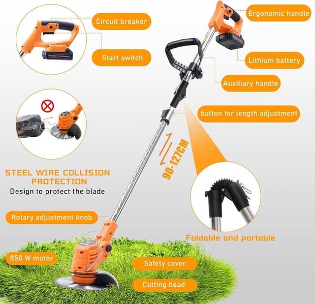 Detalle 2 de Akku-Rasentrimmer mit 21V, klappbarem Akku-Freischneider und 4 Messertypen (inkl. 2 Akkus) – für Rasenkanten & Unkraut