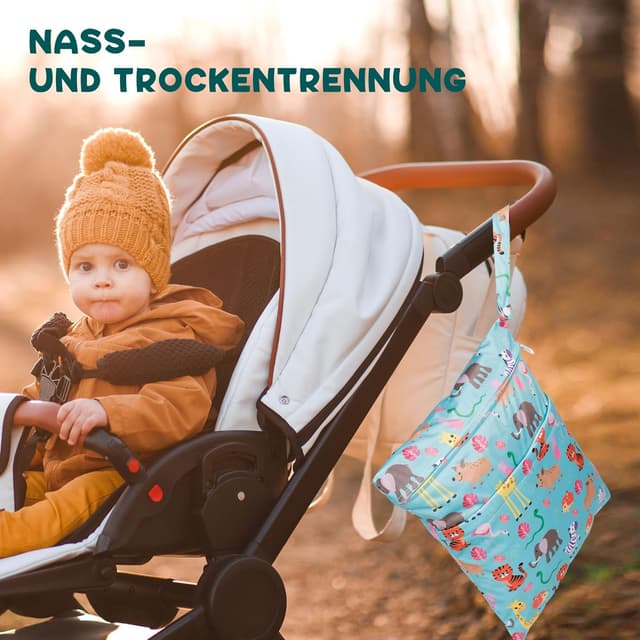 Detalle de Loscarol Wetbag Kindergarten (2 Stück) – Nassbeutel & Windeltasche groß/klein mit Doppelreißverschluss (Zoo)