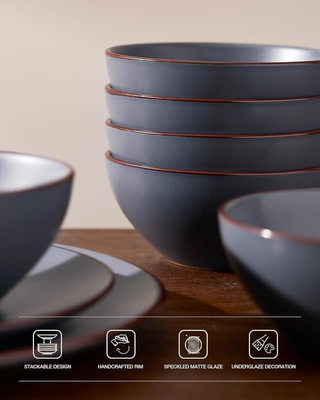 Detalle 2 de Famiware Venus Stoneware Plates and Bowls Set (12-Piece) in Matte Charcoal
