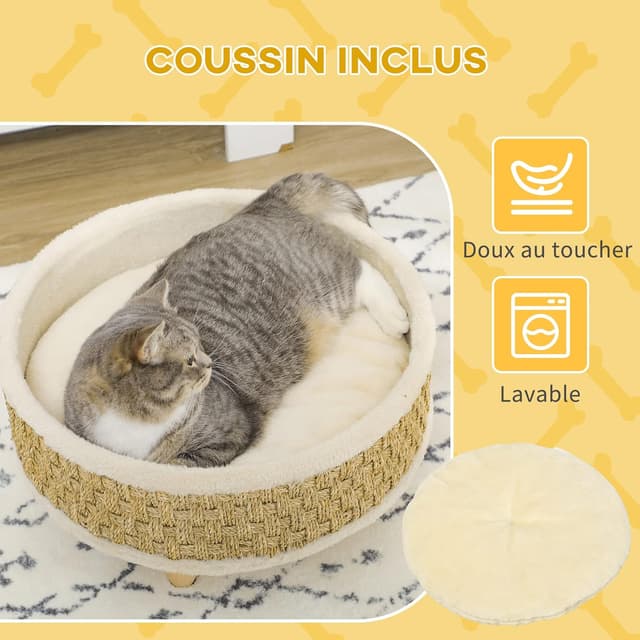 Detalle de PawHut Panier rond pour chien sur pied (style cosy chic) avec coussin intégré Ø 48 x 24,5H cm beige