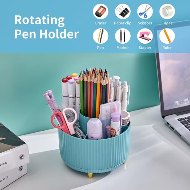 Detalle 2 de Marbrasse Desk Organiser 360° Rotating Pen Holder with 5 Compartments (Blue)