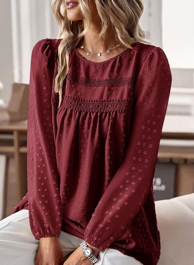 Detalle de TUUHAW Damen Langarmshirt im Boho-Stil mit Rundhalsausschnitt und Häkelspitze