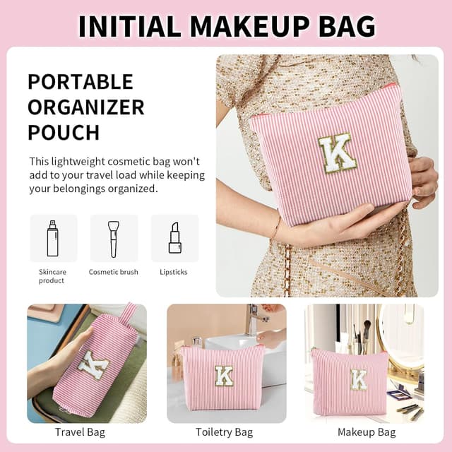 Detalle de MSQ personalised initial make up bag (Pink) – preppy cosmetic pouch for girls and women