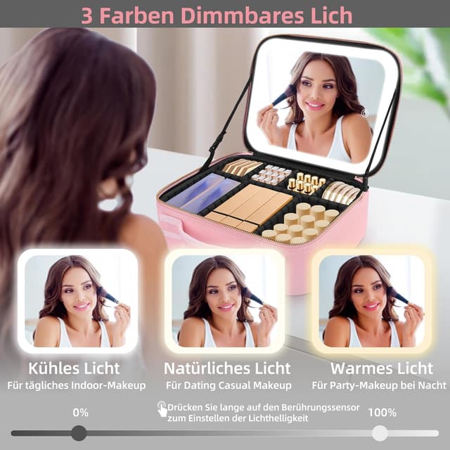 Detalle de Reise-Makeup-Tasche mit beleuchtetem Spiegel – Make-up Organizer Koffer mit 3 Lichtmodi und wasserdichtem PU-Leder