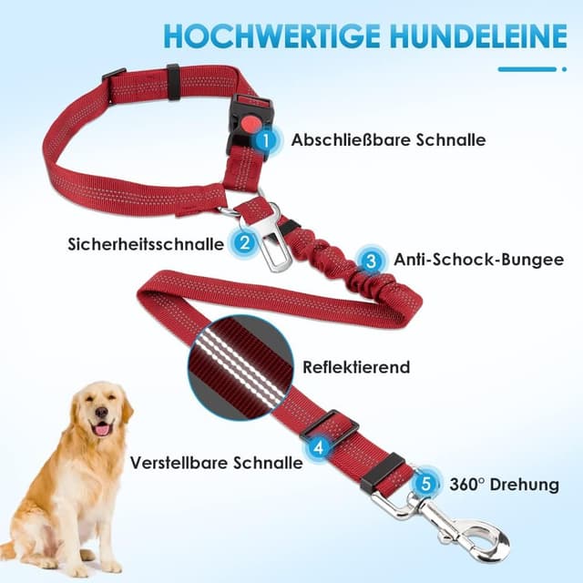 Detalle de SlowTon Hundegurt fürs Auto (2-in-1) mit Kopfstützen-Rückhaltegurt, Universalschnalle & reflektierendem Gummiband