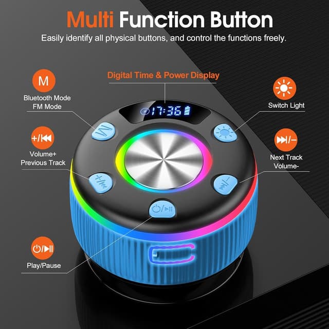 Detalle de PRSCFUM Bluetooth Shower Speaker (IPX7) with LED lights, time display and Bluetooth 5.3