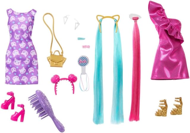 Detalle de Barbie Fun & Fancy Hair HKT96 doll with extra-long blonde hair and 10 styling & fashion accessories