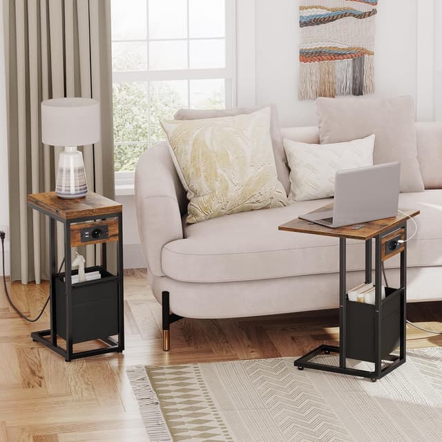 Detalle 2 de HOOBRO EBF30CSF01 tavolino pieghevole a forma di C con stazione di ricarica (presa + 2 porte USB)