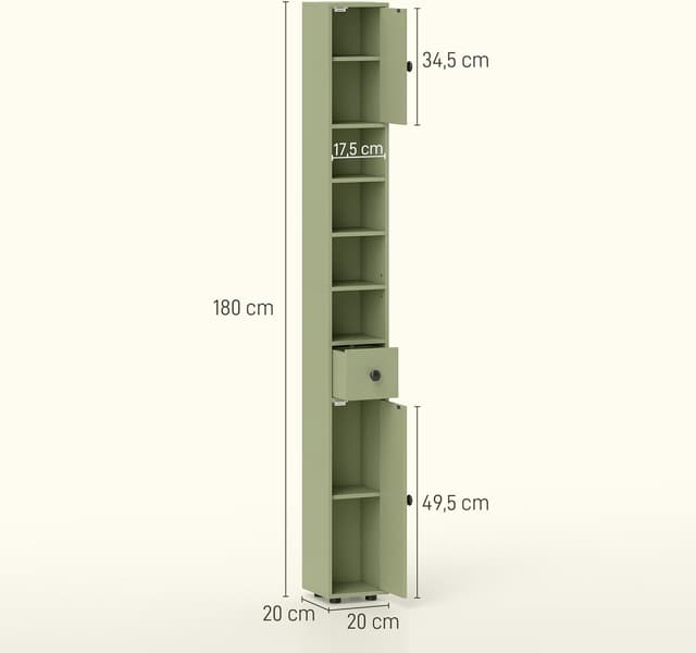 Detalle de Kleankin meuble colonne salle de bain fine avec 4 étagères réglables, 1 tiroir et 2 placards 20 x 20 x 180 cm (vert)