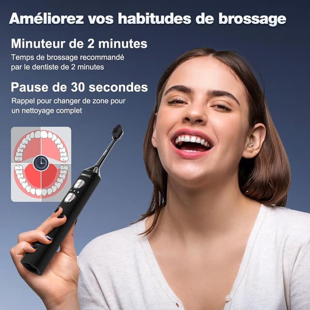 Detalle de Brosse à dents électrique sonique 7MAGIC – 3 intensités, 5 modes, 40000 VPM, autonomie jusqu’à 180 jours (IPX7) – Noir