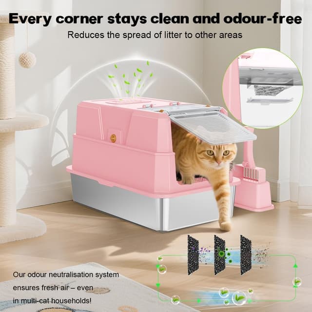 Detalle de SZEE Stainless Steel Cat Litter Tray with Lid (Pink) — Easy-clean covered tray