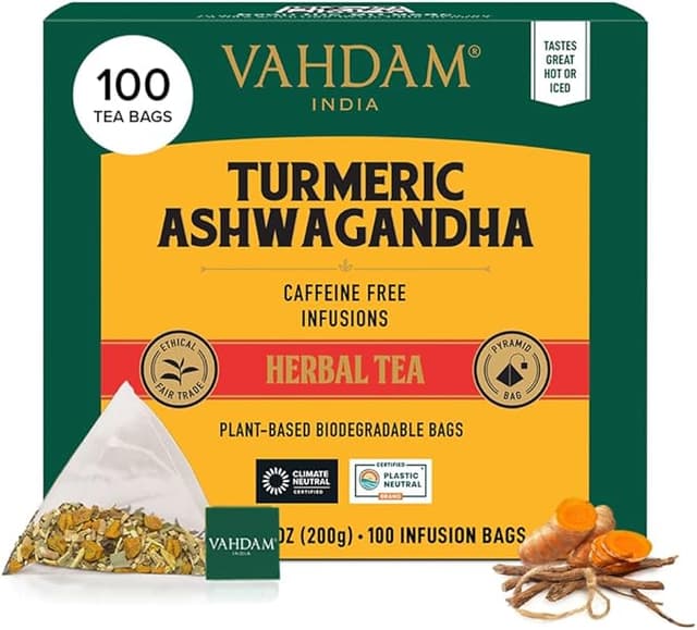 Detalle de VAHDAM Turmeric Ashwagandha Tisana ☕️ 100 Bolsitas Naturales