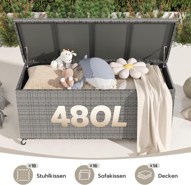 Detalle 2 de Amopatio 480L Gartenbox Auflagenbox wasserdicht mit Polyrattan, Rollen & Gasdruckfedern – grau