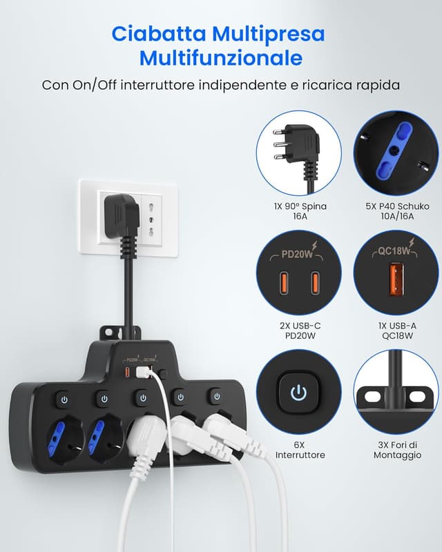 Detalle 2 de Ciabatta multipresa elettrica 5 prese Schuko 16A