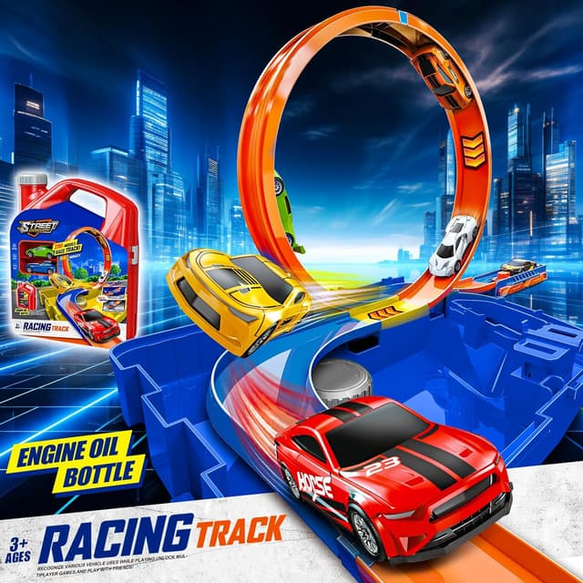 Detalle de Race Track Toy Car Set with 2 Race Cars and 2-in-1 Transformable Tracks (Blue) with Storage Box