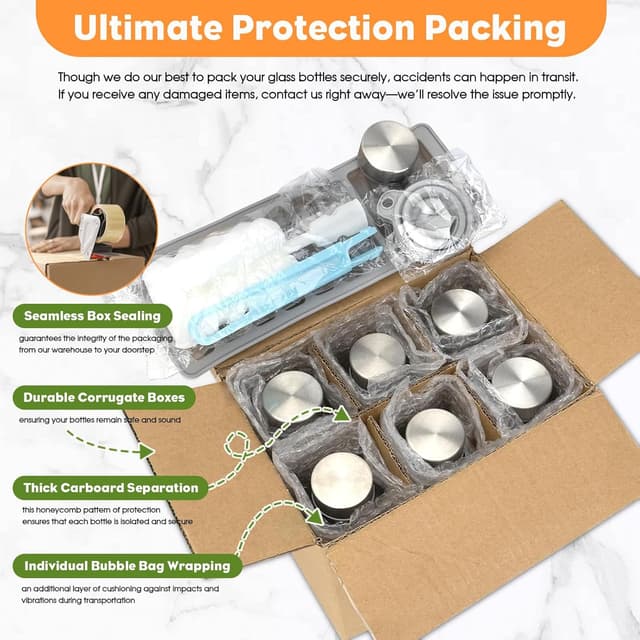 Detalle de ZhouZGlass 500ml Glass Juice Bottles (Set of 6) with Stainless Steel Airtight Lids