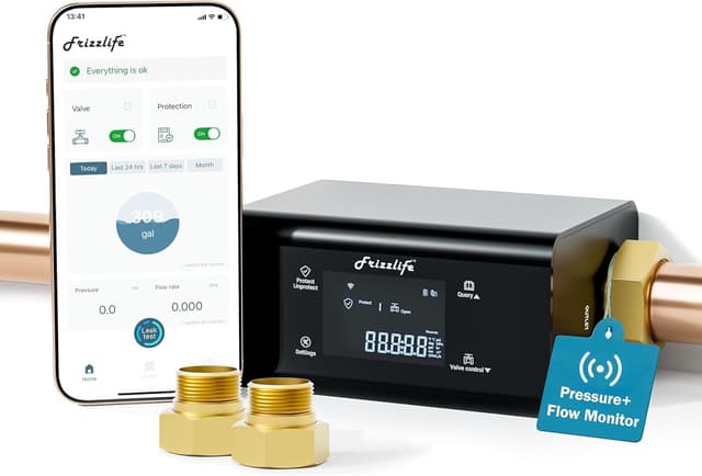 Detalle de FRIZZLIFE LP365-P Smart Water Monitor & Automatic Shutoff (Ultrasonic Micro Leak Detection, Wi‑Fi/App Control)