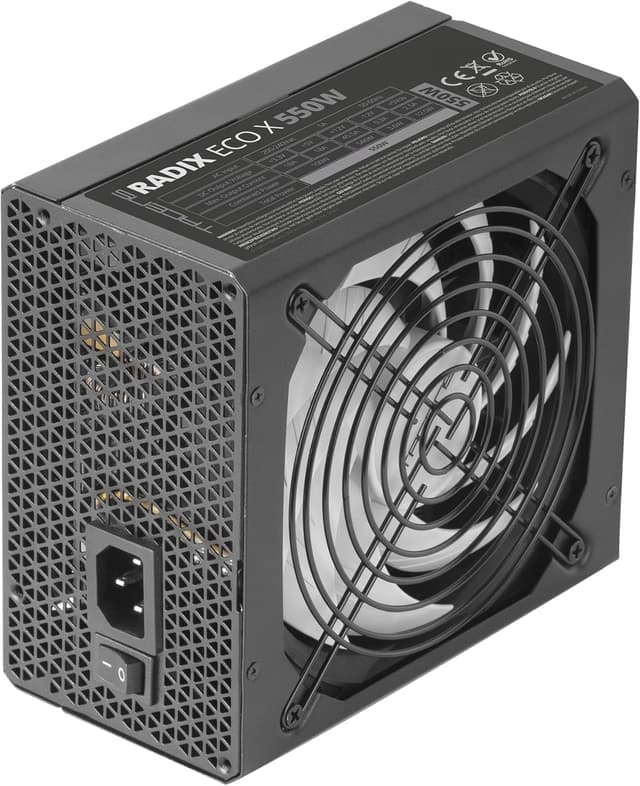 Detalle de Tacens RADIX ECO X 550 alimentatore PC ATX 550W con garanzia 6 anni, efficienza 87% e cavi piatti