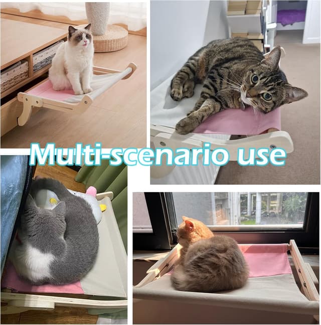 Detalle de TothDate Window Seat for Indoor Cats (Large) – Wooden Perch Hammock with Pink Fabric