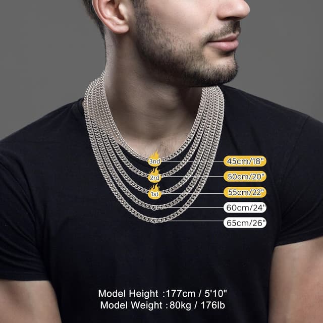 Detalle de RWQIAN Herren Panzerkette (3–9 mm) aus Edelstahl, silber/gold/schwarz – Kettenlänge 45–65 cm