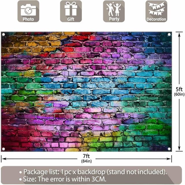 Detalle de Luminora 7x5ft Coloured Brick Wall Backdrop for Vintage Graffiti & Disco-Style Photo Booths