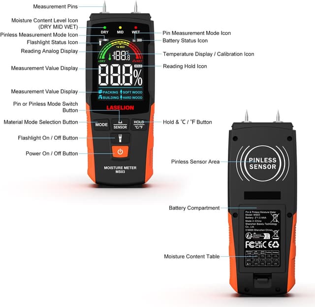 Detalle 2 de LASELION MS03 moisture meter 2-in-1 pin/pinless