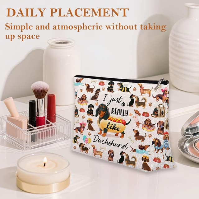 Detalle 1 de Cute Dachshund Makeup Bag – Canvas zip pouch for dachshund lovers, travel & daily essentials
