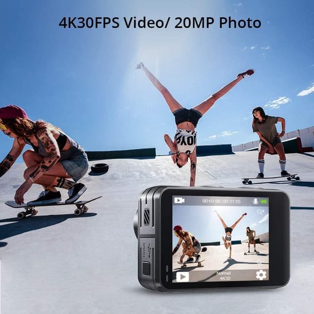 Detalle de AKASO Brave 7 LE Action Cam 4K 30fps, 20 MP, IPX7 bis 40 m – mit Dual-Display, WiFi und 64-GB-Speicherkarte