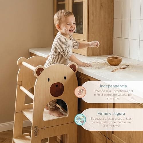 Detalle de Buddy Baby Xperimenta: torre de aprendizaje Montessori de madera maciza (2 en 1) con escritorio y taburete
