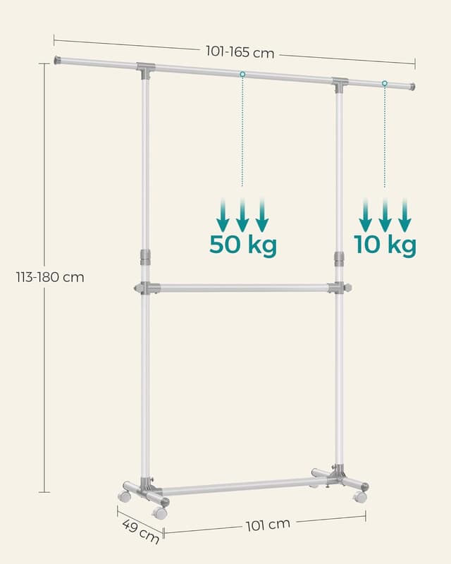 Detalle 2 de SONGMICS Stand appendiabiti doppio LLR401W01 con asta estensibile e ruote, altezza regolabile 113-180 cm