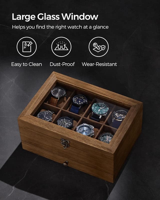 Detalle de SONGMICS JOW008K01 Rustic Walnut 8-Slot Watch Box with 2 Tiers and Glass Lid