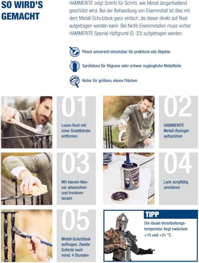 Detalle 2 de Hammerite Metallschutzlack Hammerschlag 3in1 Rostschutz, Silbergrau – 750 ml