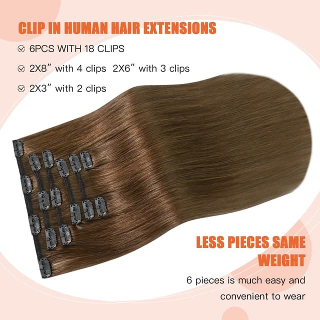 Detalle de UGOTRAYS Light Brown Clip-in Human Hair Extensions (7pcs, 20 inch, 70g, Remy) – 16 Clips, #6