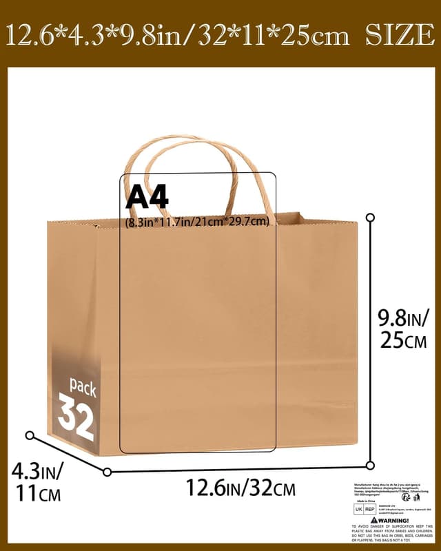 Detalle de Gcardist 50 pack kraft gift paper bags with handles (32x11x24.5cm, brown)