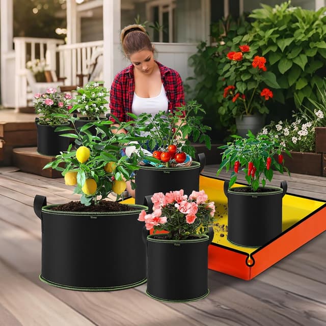 Detalle de Vinitoy Grow Bags 7 Gallon Reusable Fabric Pots (5 Pack) with Nylon Handles and Waterproof Mat, 27L
