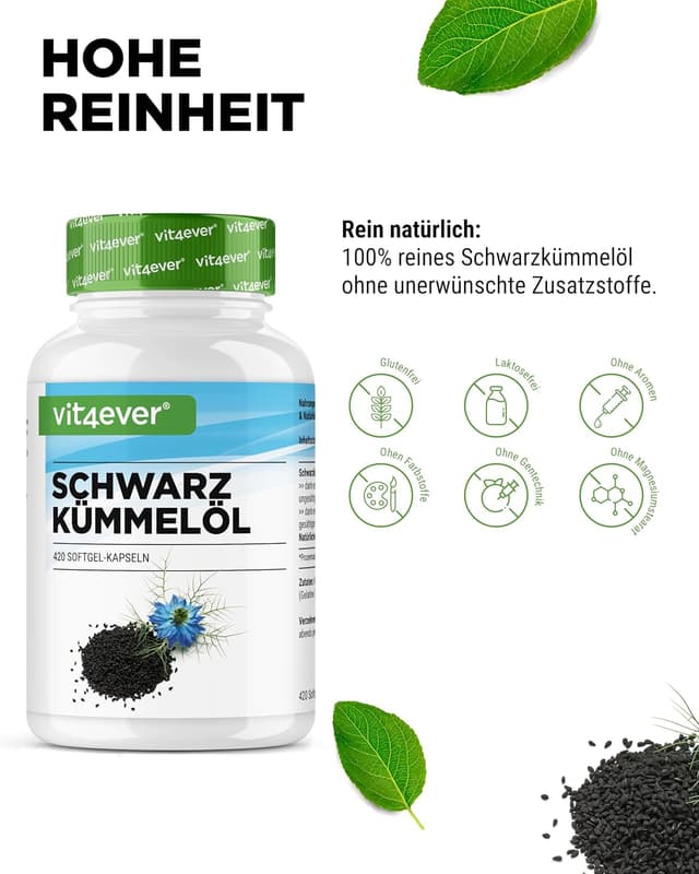 Detalle de vit4ever Schwarzkümmelöl – 420 Kapseln (Ägyptisch, naturbelassen & kaltgepresst)