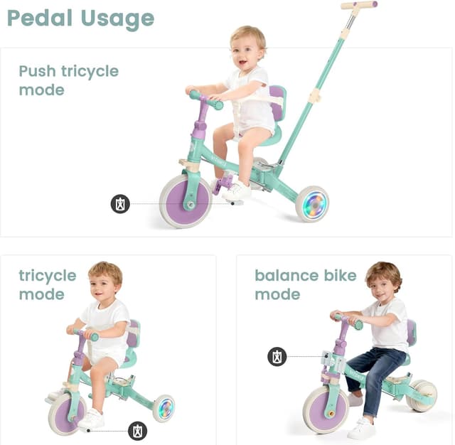 Detalle de VITONIS Triciclo 5 in 1 verde con ruote lampeggianti e cintura di sicurezza (18 mesi–5 anni)