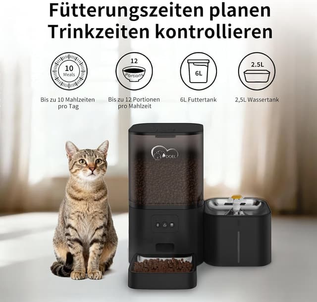 Detalle de DOEL 2-in-1 Automatik-Futter- und Wasserspender mit App-Steuerung, 6-Liter Trockenfutter + 2,5-Liter Wasser