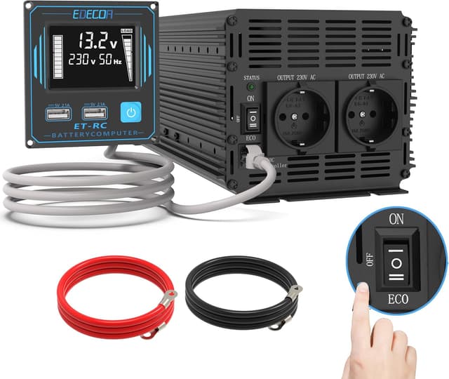Detalle de EDECOA Power Inverter 12V→220V Pure Wave da 2000W con telecomando e USB