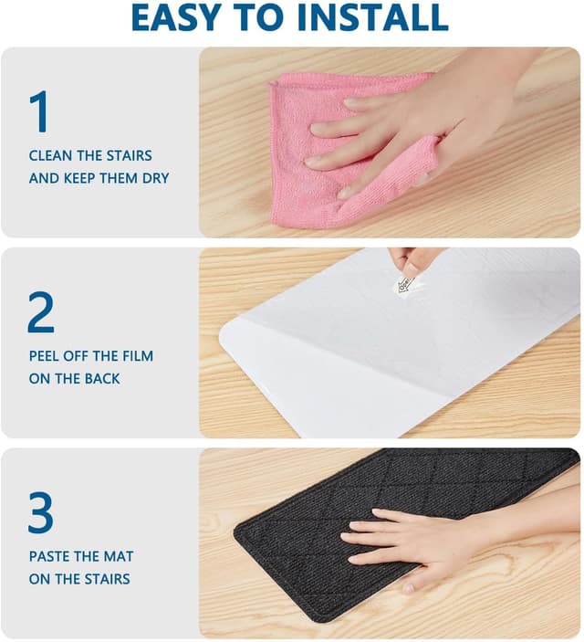 Detalle de KOOTETA Indoor Stair Treads (15-Pack) for Wooden Steps, 8" x 30" Non-Slip Carpet Rugs with Reusable Adhesive, Black