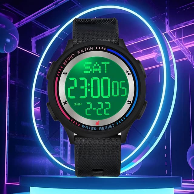 Detalle de findtime Digital-Damenuhr mit 5ATM, Dualzeit & Countdown – Rosa, mit Leuchtziffern